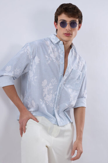 Blue & White Contemporary Floral Boxy Fit Crop Shirt