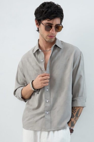 Grey Soft Grid Textured Boxy Fit Crop Shirt