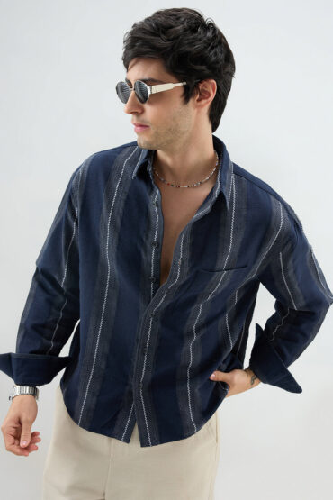 Navy Contrast Panel Fine Weave Boxy Fit Crop Shirt