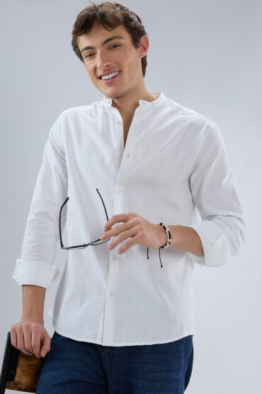 Snow White Seersucker Striped Mandarin Shirt