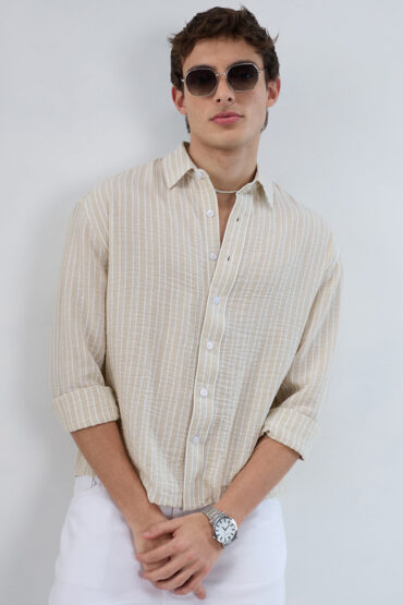 Beige Vertical Striped Crinkled Boxy Fit Crop Shirt