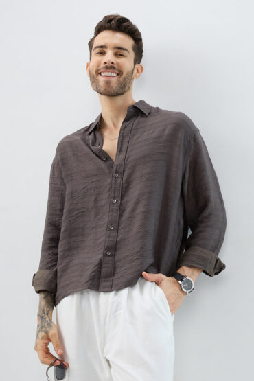 Rustic Brown Horizontal Textured Boxy Fit Crop Shirt