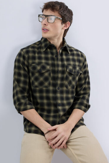 Deep Olive Soft Rustic Checks Double Pocket Shirt