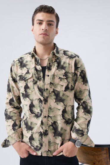 Nature Inspired Abstract Printed Double Pocket Corduroy Shirt