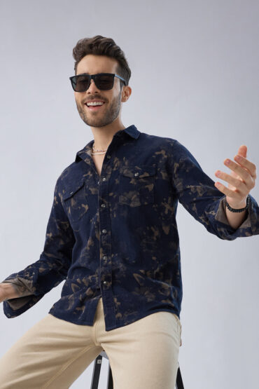 Navy Abstract Bloom Printed Flap Pocket Corduroy Shirt