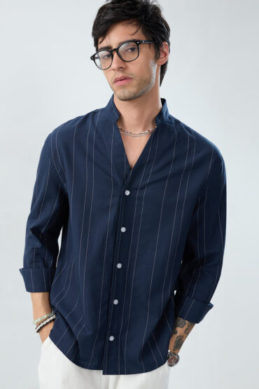 Refined Navy Pinstripe Stand-Collar Oversized Shirt