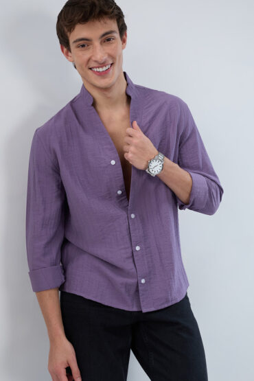 Chinese Violet Crinkled Stand Collar Oversized Shirt