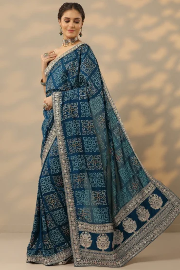 Aentic Blue Bandhani Printed Silk Blend Saree with Blouse Piece