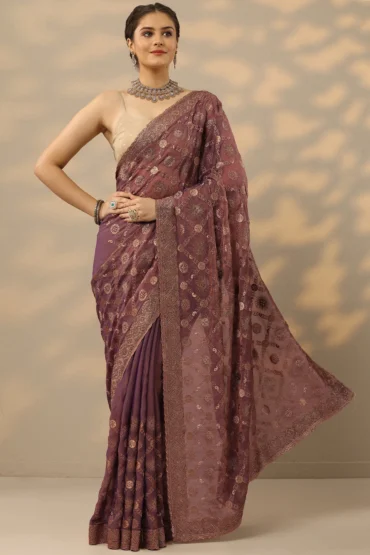 Aentic Purple Embroidered Banarasi Silk Blend Saree with Blouse Piece