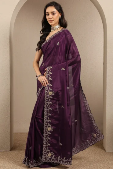 Aentic Burgundy Embroidered Silk Blend Saree with Blouse Piece