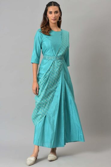 Teal Insta Saree Dress with Embroidered Belt