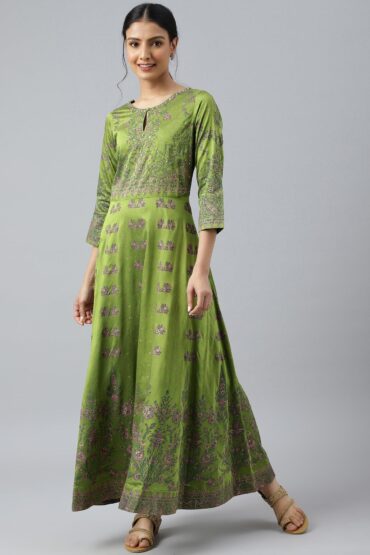 Green Floral Printed Embellished Indie Festive Dress
