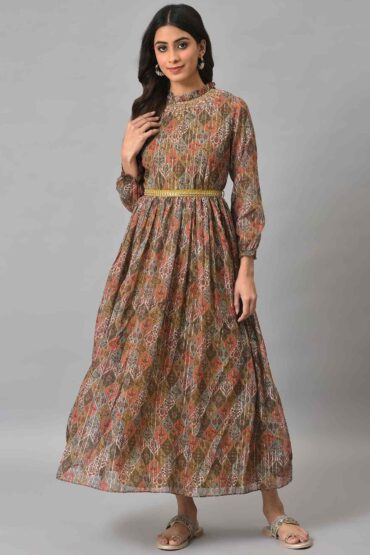 Dark Yellow Cotton Victorian-Style Midi Dress