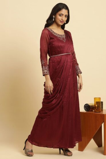 Maroon Jewelled Neck Pre-Draped Festive Saree Dress