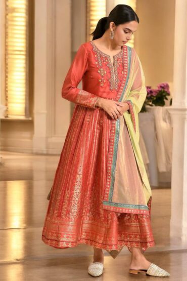 Orange Tamil Silk Embellished Dress & Dupatta Set