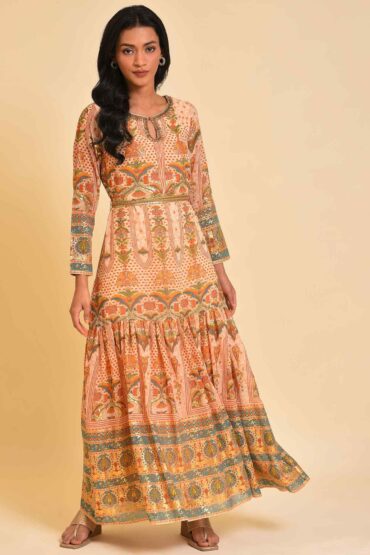 Beige Printed Tiered Dress With Embroidery