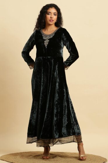 Green Velvet Embroidered Festive Dress