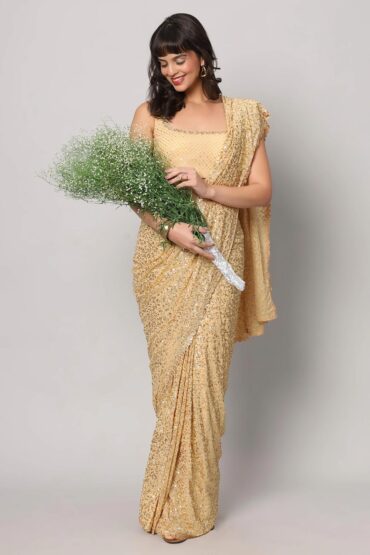 Kylie Beige Georgette Gold Sequins Embroidery Aentic Saree