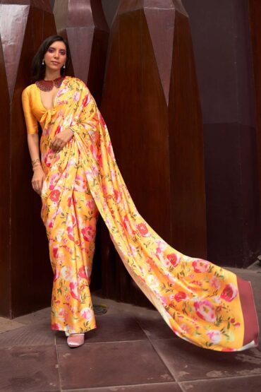 Nadia Yellow Floral Printed  Satin Aentic Saree