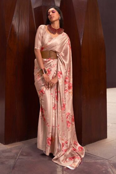 Nadia Light Pink Floral Printed Satin Aentic Saree