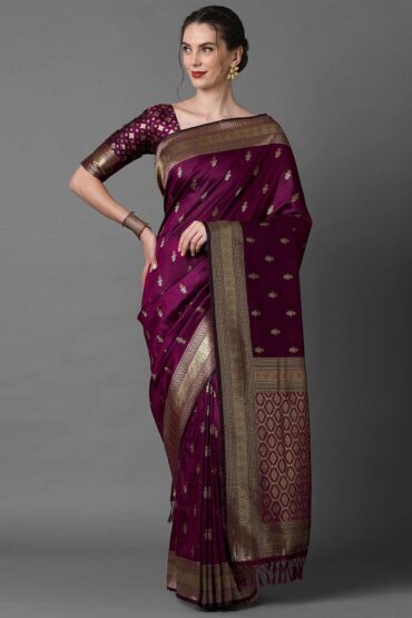 Zina Burgundy Silk Blend Ethnic Motif Woven Design Banarasi Aentic Saree