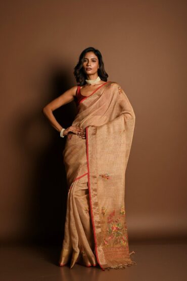 Light Brown Pure Linen Saree with Floral Resham Thread Embroidery Work
