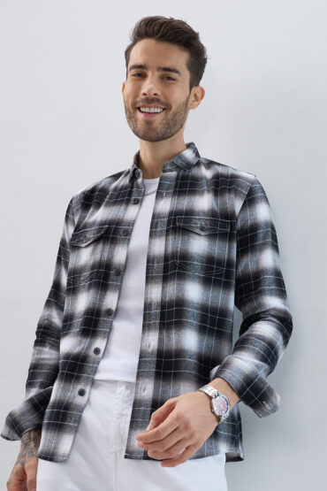Black & Silver Mist Plaid Checks Double Pocket Flannel Shirt