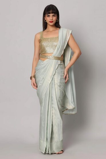 Meera Sea Blue & Gold Shimmer Crepe Aentic Saree