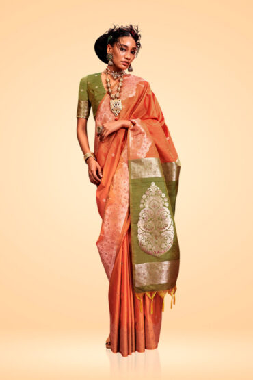 Anaya Orange Tussar Silk Handloom Ikkat Pallu Aentic Saree