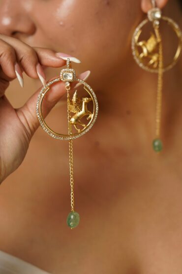 Pegasus Statement Hoop Earrings with Green Stone Drop