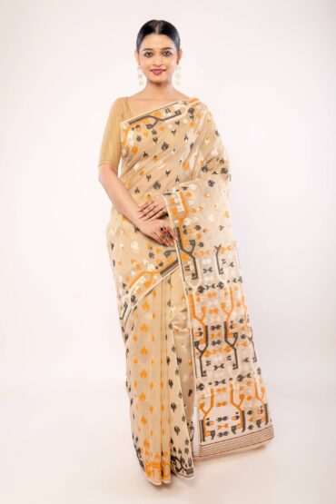 Cream Cotton Pure Dhakai Jamdani Saree with All Over Motifs