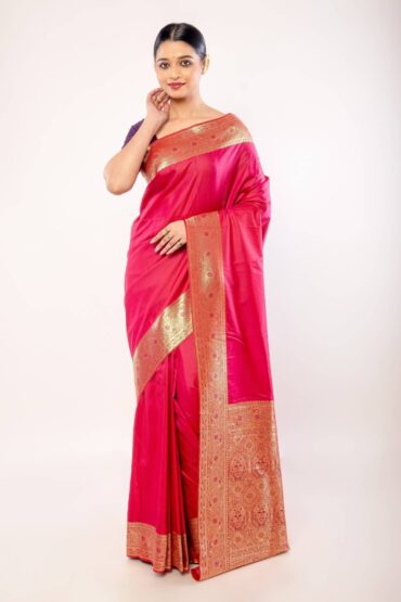 Pink Art silk Saree with Contrasting Gold Zari Border