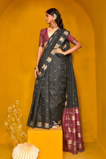 Kani Black Tussar Printed Handloom Silk Aentic Saree