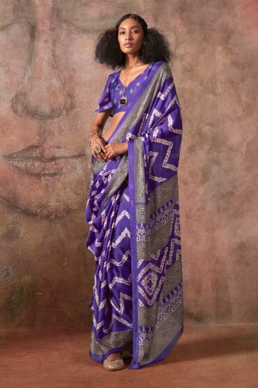Xyla Purple Satin Ajrakh Print Ready to Wear Aentic Saree