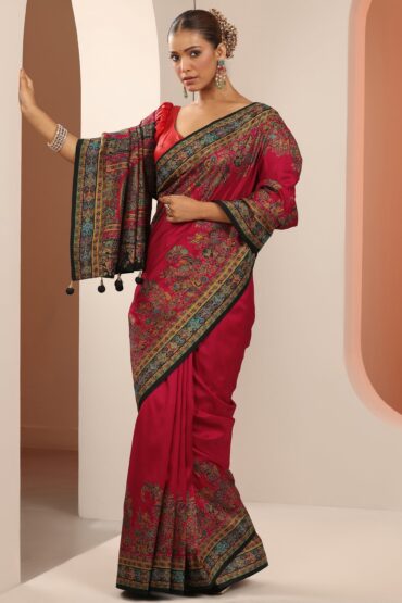 Red Printed Silk Blend Saree With Unstitched Blouse Piece