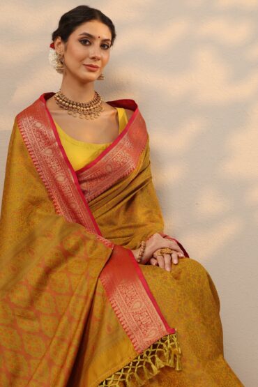 Mustard Woven Design Silk Blend Kanjeevaram Saree With Unstitched Blouse Piece