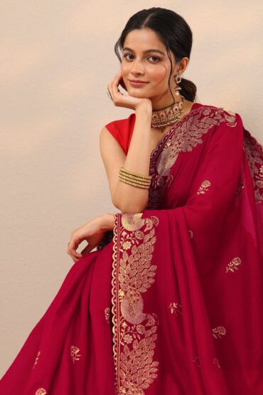 Red Embroidered Silk Blend Sarees With Unstitched Blouse Piece