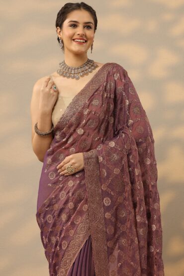 Purple Embroidered Banarasi Silk Blend Saree With Unstitched Blouse Piece