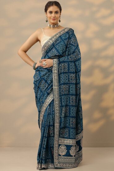 Blue Bandhani  Printed Silk Blend Saree With Unstitched Blouse Piece