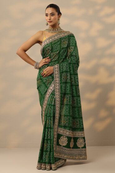 Green Bandhani  Printed Silk Blend Saree With Unstitched Blouse Piece