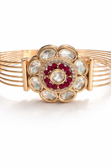 Ruby Kundan Adjustable Bracelet in Rose Gold Finish