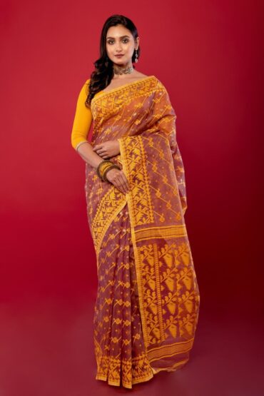 Peach and Yellow Original Bangladeshi Dhakai Jamdani Saree