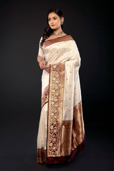 White Pure Katan Silk Saree with Contrasting Border