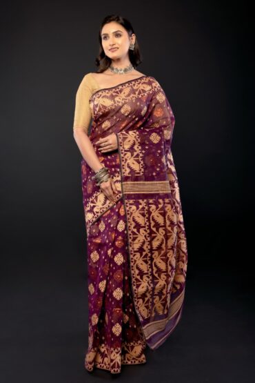 Purple Bangladeshi Dhakai Jamdani with all over Jaal work