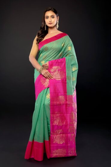 Green and Pink Zari Woven Cotton Silk Saree