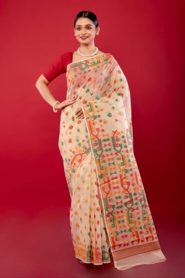 Off-White Handwoven Cotton Jamdani Saree with Multicolor Elegance