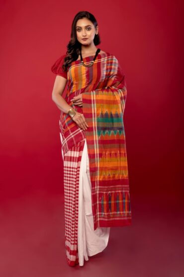 Red & White Soft Bengal Handwoven Gamcha Checked Saree