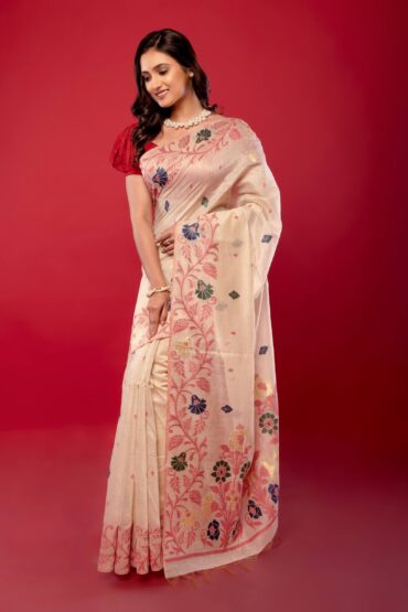 Off-White & Pink Handwoven Cotton Jamdani Saree