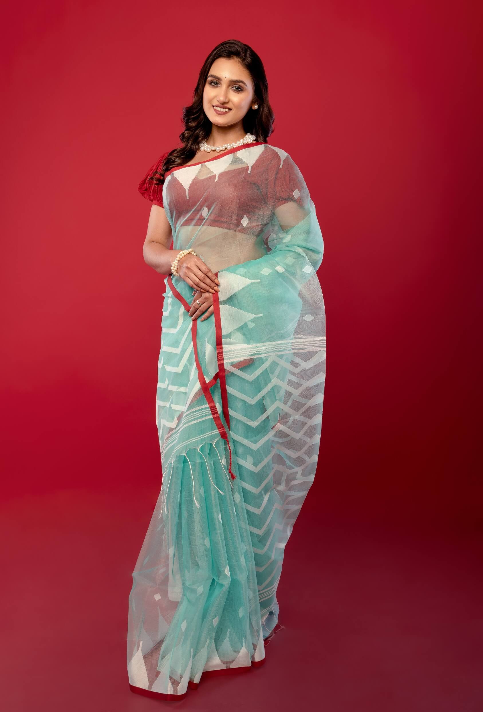 Blue & Red Handloom Muslin Silk Jamdani Saree - Elegant Handcrafted Sarees
