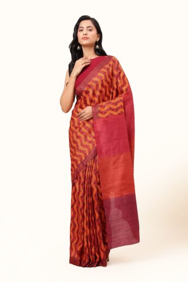 Aentic Rust Tussar Silk Discharge Block Print Saree